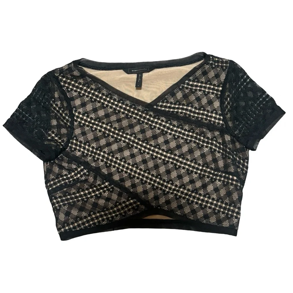 Summer Sale ☀️ BCBGMaxAzria Black Lace Crop Top Sheer Mesh Top Size Small
